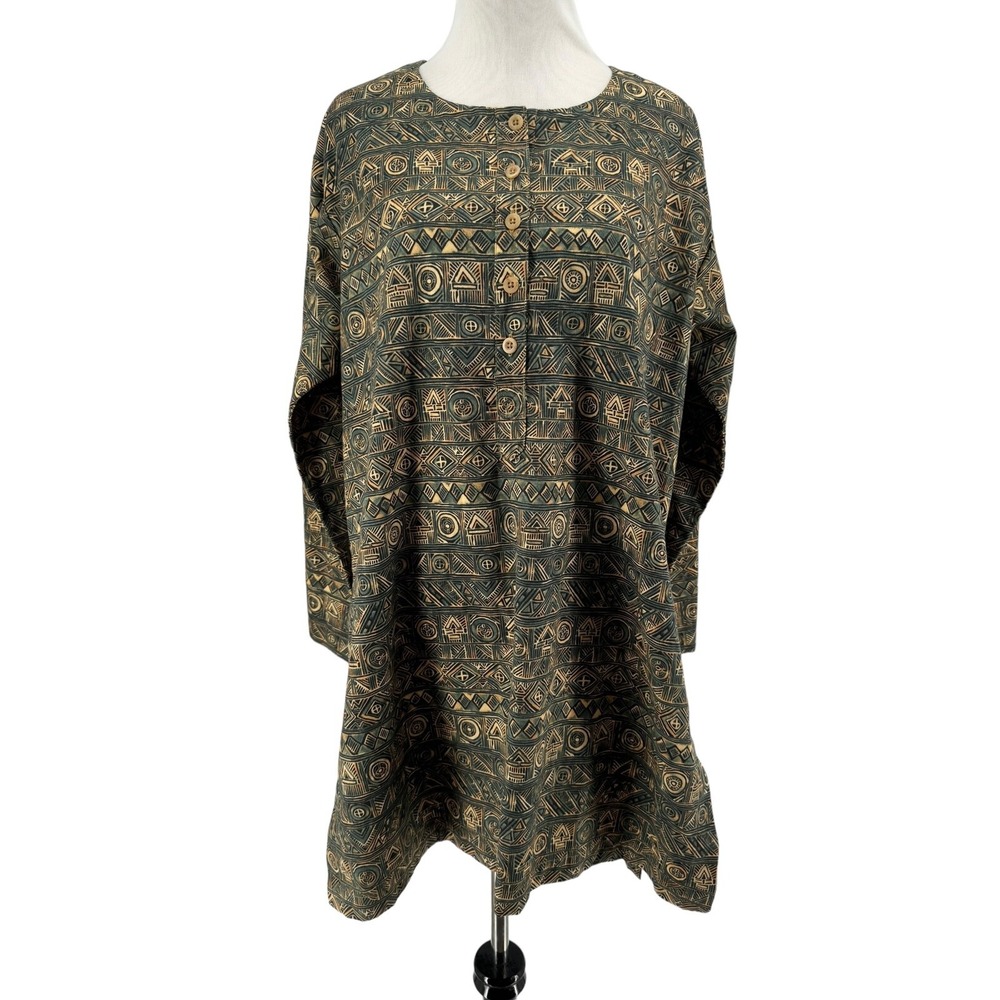 Peruvian Connection Women's Green Tan Printed Long Sleeve Tunic Blouse Medium